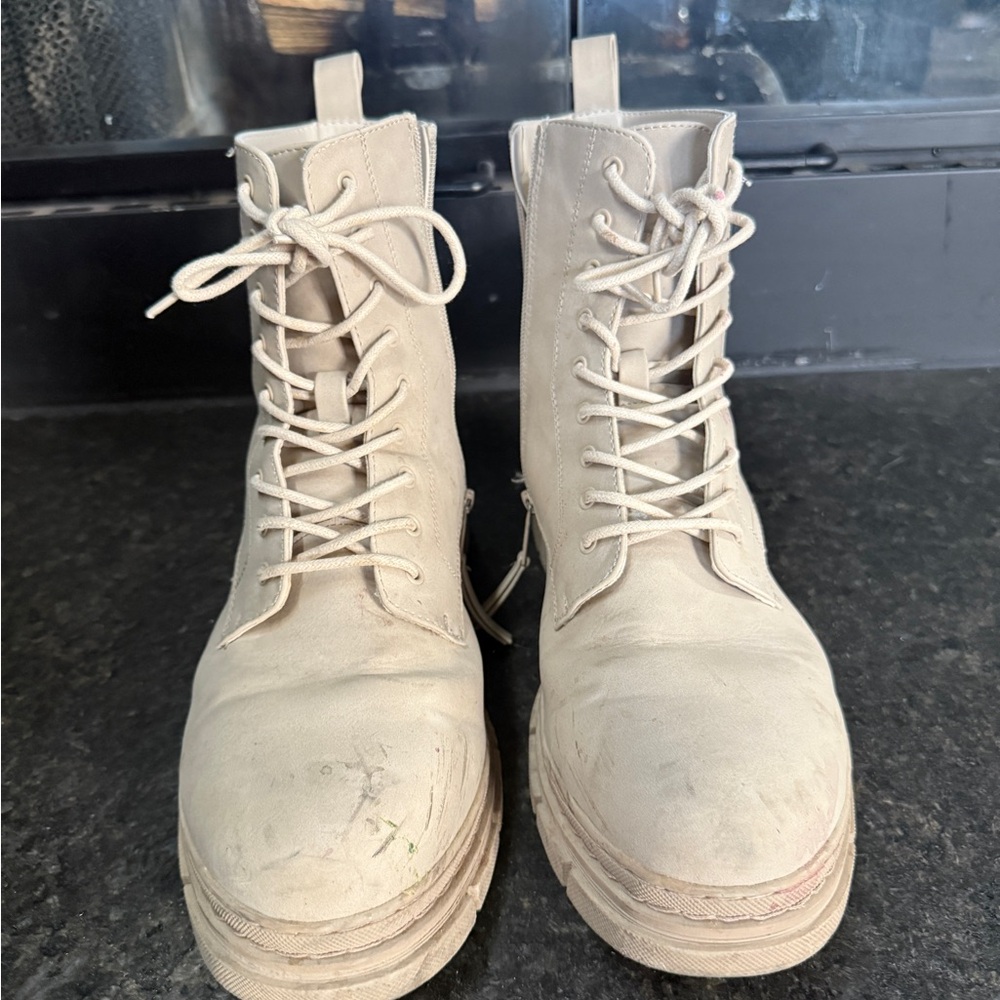 Cream Lace-Up Boots